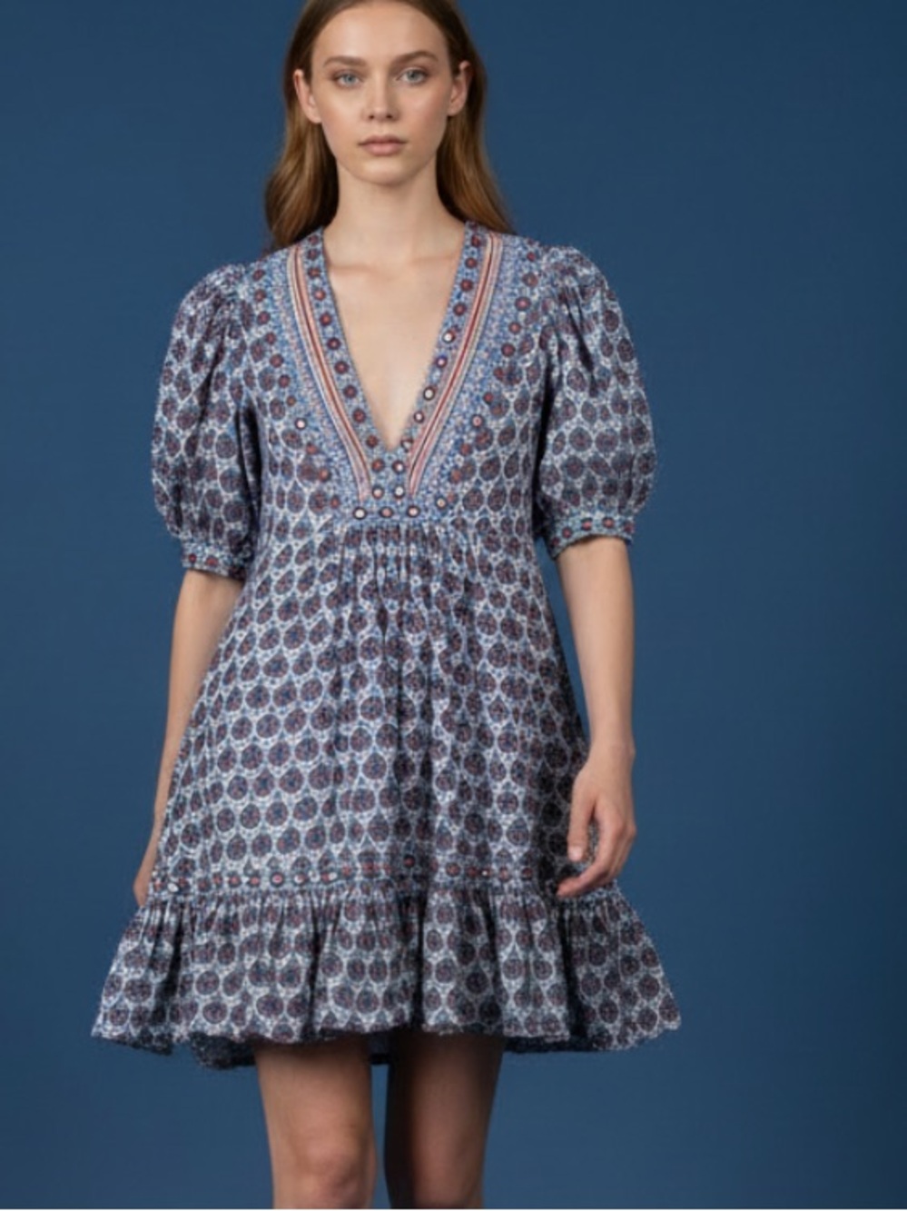 Maeve by Anthropologie Blue and White Patterned Feminine Peasant Dress